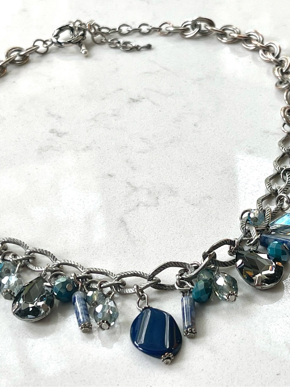 Silver-Tone Blue Crystal Charm Necklace